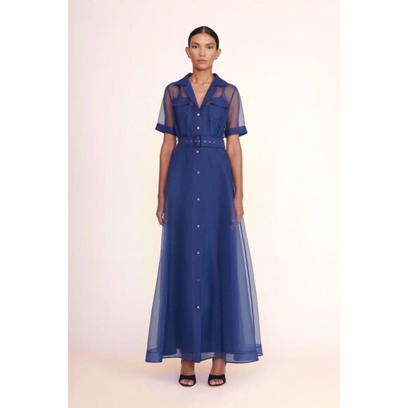 STAUD Dresses & Skirts - Staud Millie Organza Short-Sleeve Belted Maxi Shirtdress NWT 4 in navy